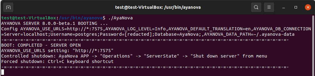 AyaNova server console running