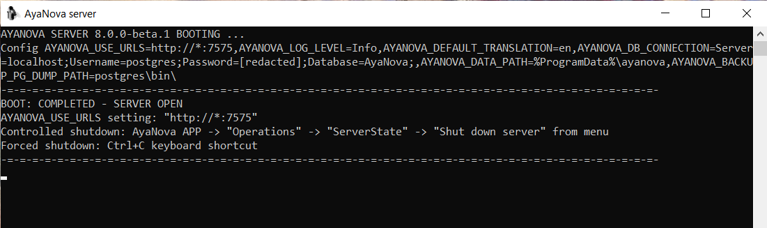 AyaNova server console running