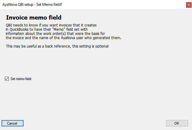 invoice memo field wizard page